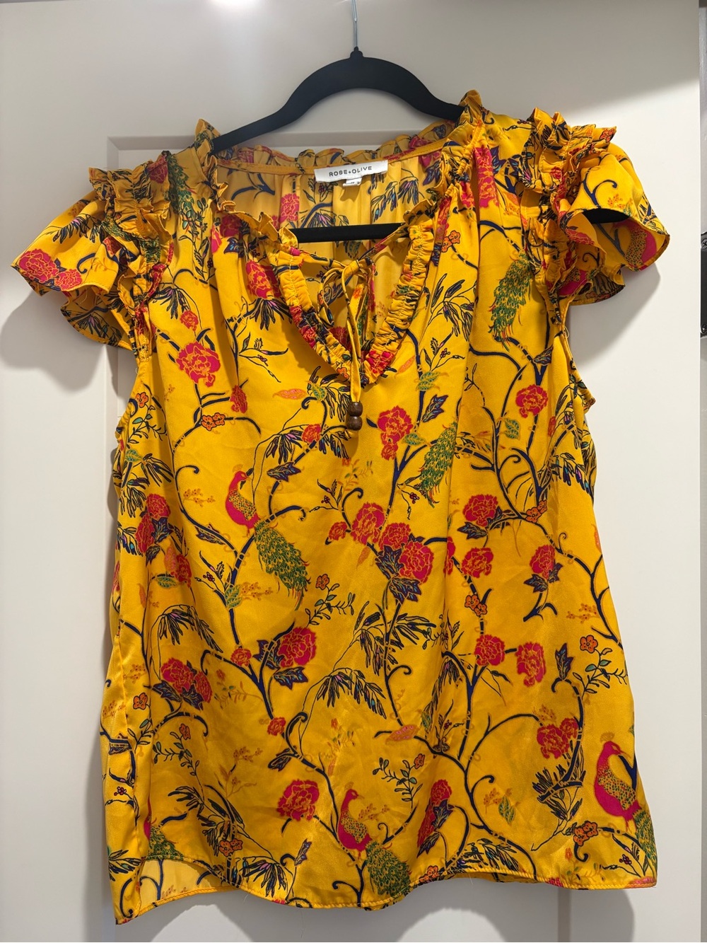 Rose & Olive Mustard Yellow Floral Ruffle Flutter Sleeve Top